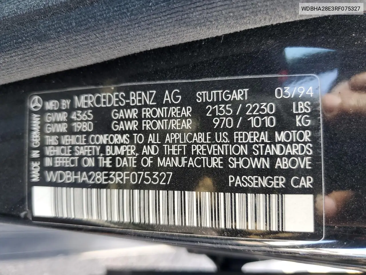 1994 Mercedes-Benz C 280 VIN: WDBHA28E3RF075327 Lot: 57819825