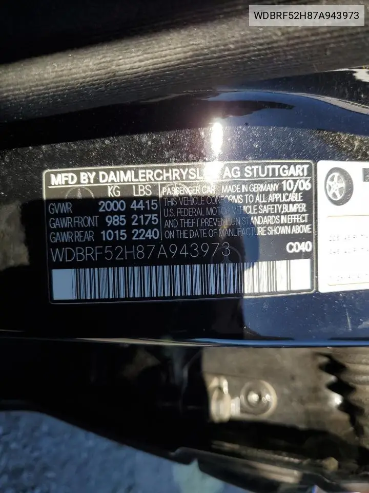 2007 Mercedes-Benz C 230 VIN: WDBRF52H87A943973 Lot: 63071965