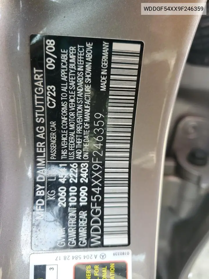 2009 Mercedes-Benz C 300 VIN: WDDGF54XX9F246359 Lot: 56791775