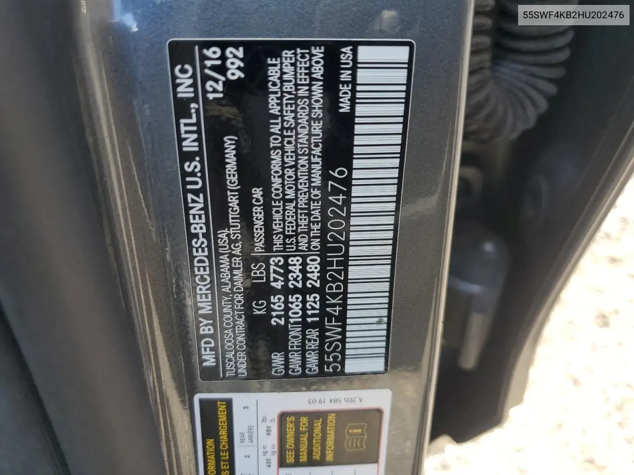 2017 Mercedes-Benz C 300 4Matic VIN: 55SWF4KB2HU202476 Lot: 57210305