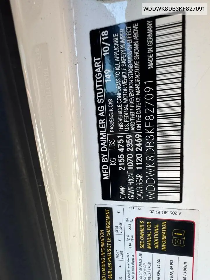 2019 Mercedes-Benz C 300 VIN: WDDWK8DB3KF827091 Lot: 57204495