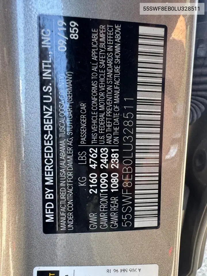 2020 Mercedes-Benz C 300 4Matic VIN: 55SWF8EB0LU328511 Lot: 63152805