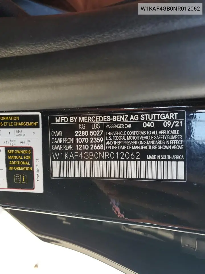 2022 Mercedes-Benz C 300 VIN: W1KAF4GB0NR012062 Lot: 55795635