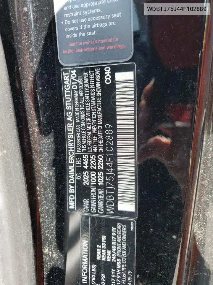 2004 Mercedes-Benz Clk 500 VIN: WDBTJ75J44F102889 Lot: 62023635