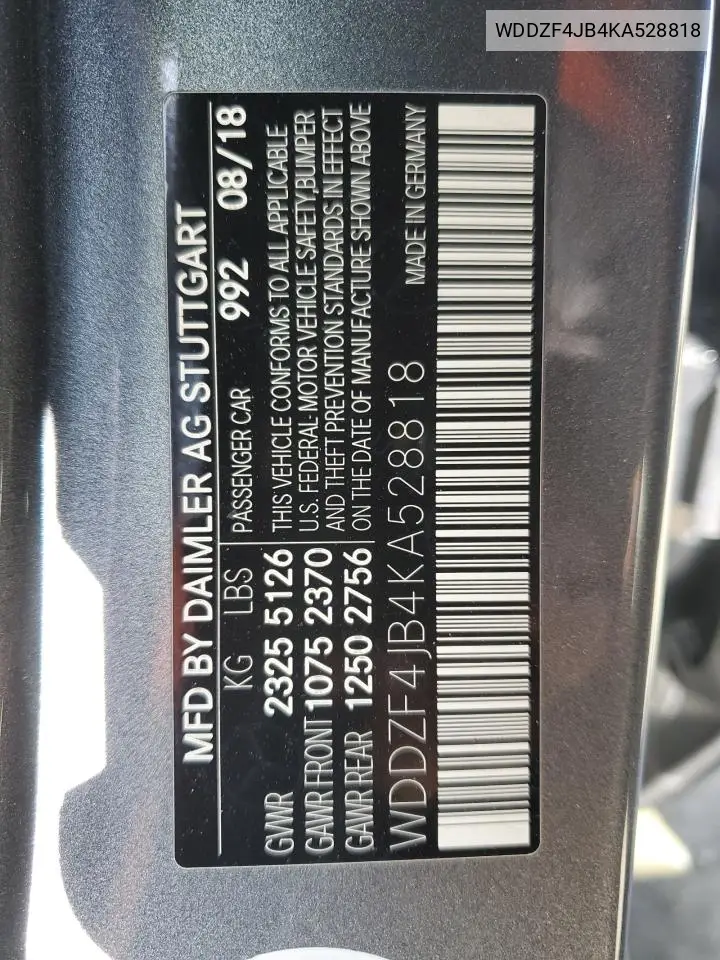 2019 Mercedes-Benz E 300 VIN: WDDZF4JB4KA528818 Lot: 55290625