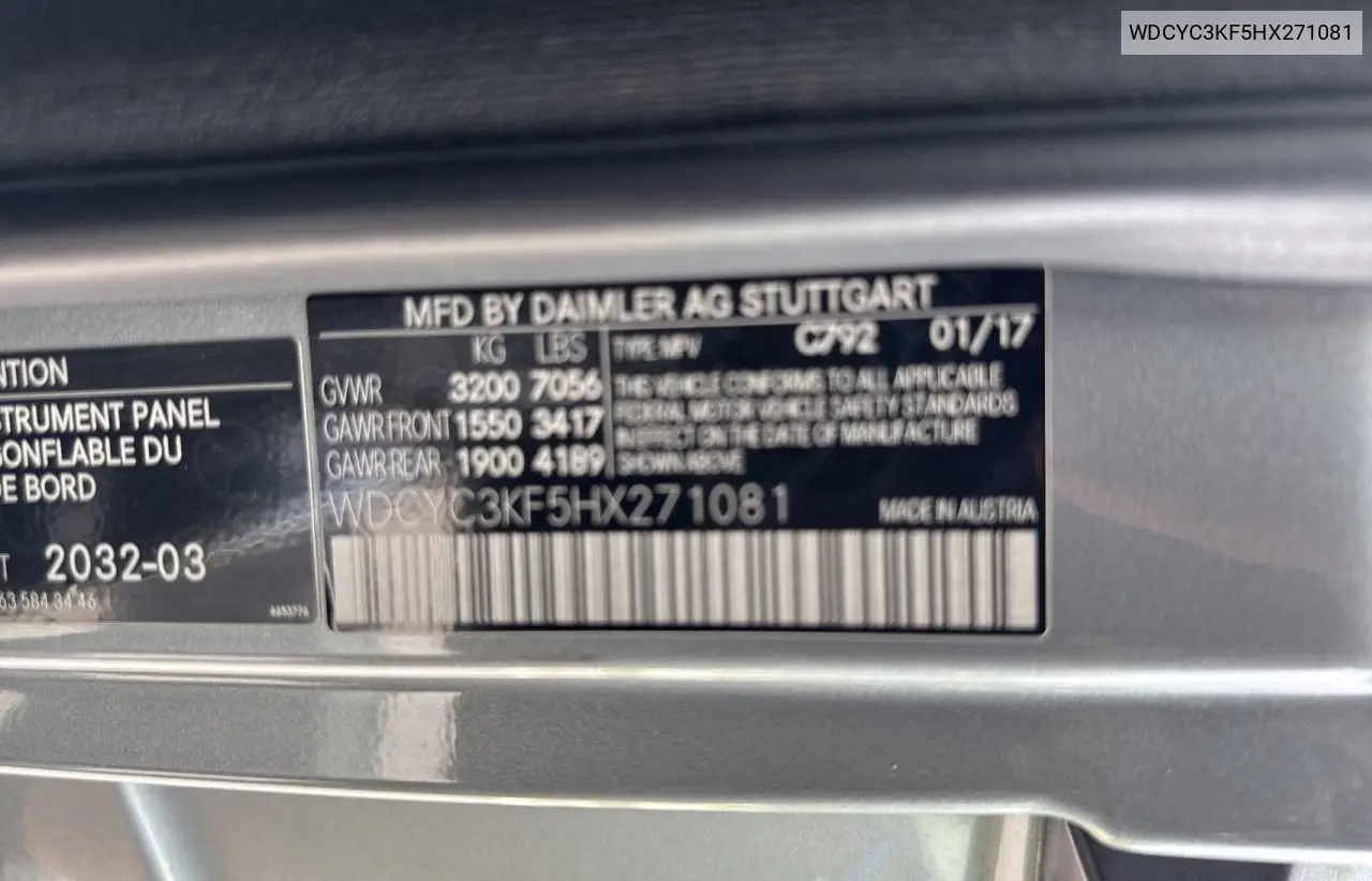 2017 Mercedes-Benz G 550 VIN: WDCYC3KF5HX271081 Lot: 54565645