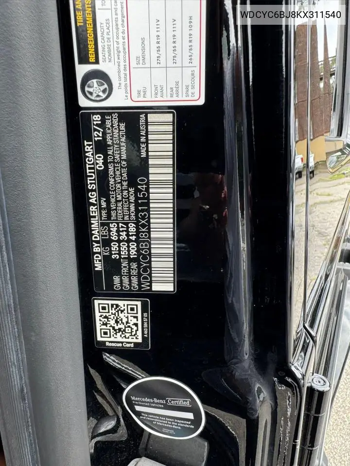 2019 Mercedes-Benz G 550 VIN: WDCYC6BJ8KX311540 Lot: 65847215