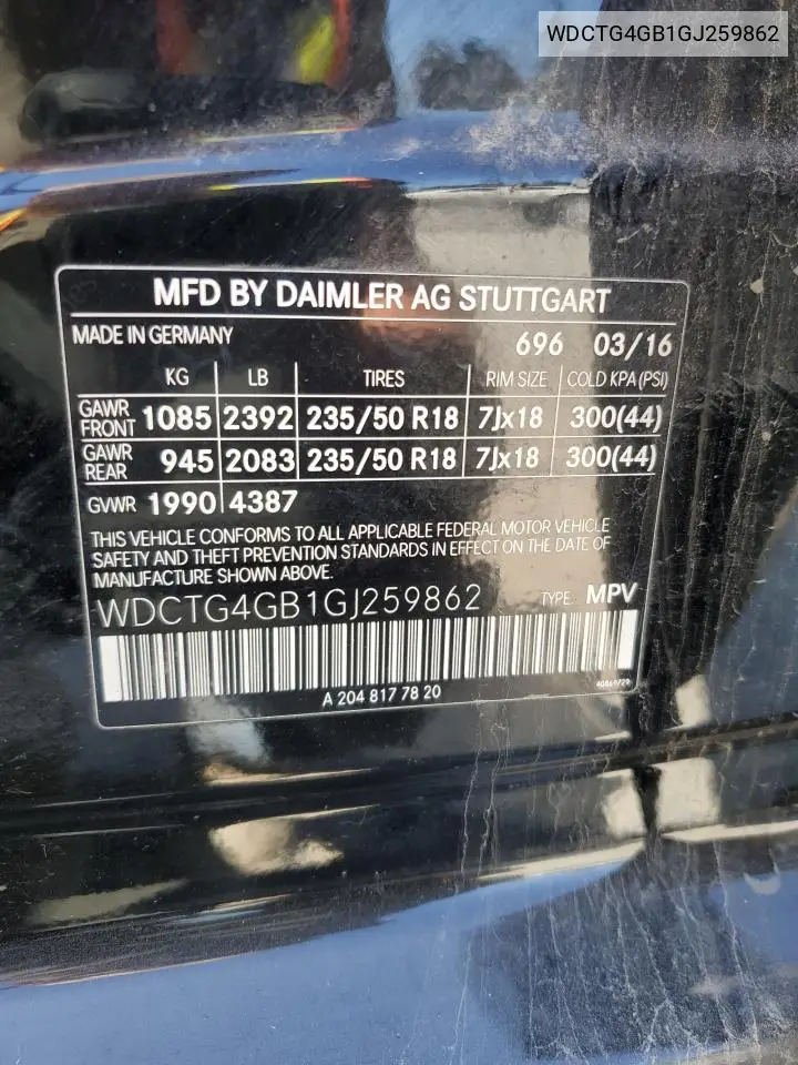 2016 Mercedes-Benz Gla 250 4Matic VIN: WDCTG4GB1GJ259862 Lot: 65236315