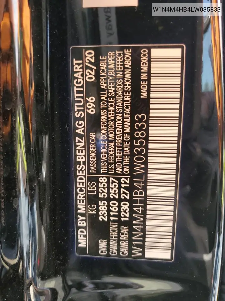 2020 Mercedes-Benz Glb 250 4Matic VIN: W1N4M4HB4LW035833 Lot: 55117135