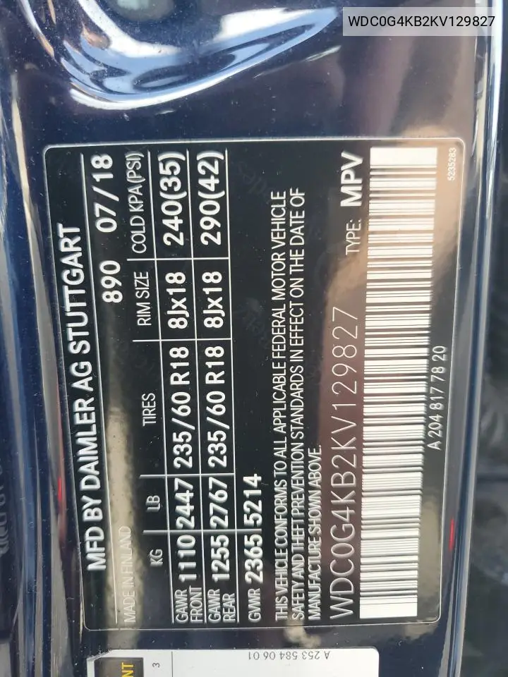 2019 Mercedes-Benz Glc 300 4Matic VIN: WDC0G4KB2KV129827 Lot: 64138695