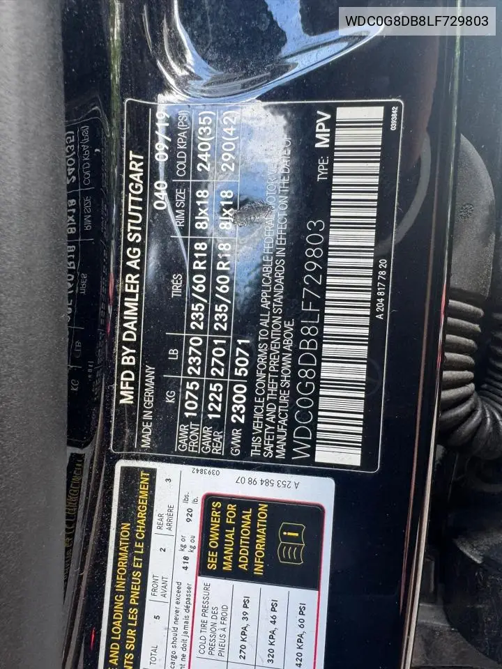 2020 Mercedes-Benz Glc 300 VIN: WDC0G8DB8LF729803 Lot: 65254425