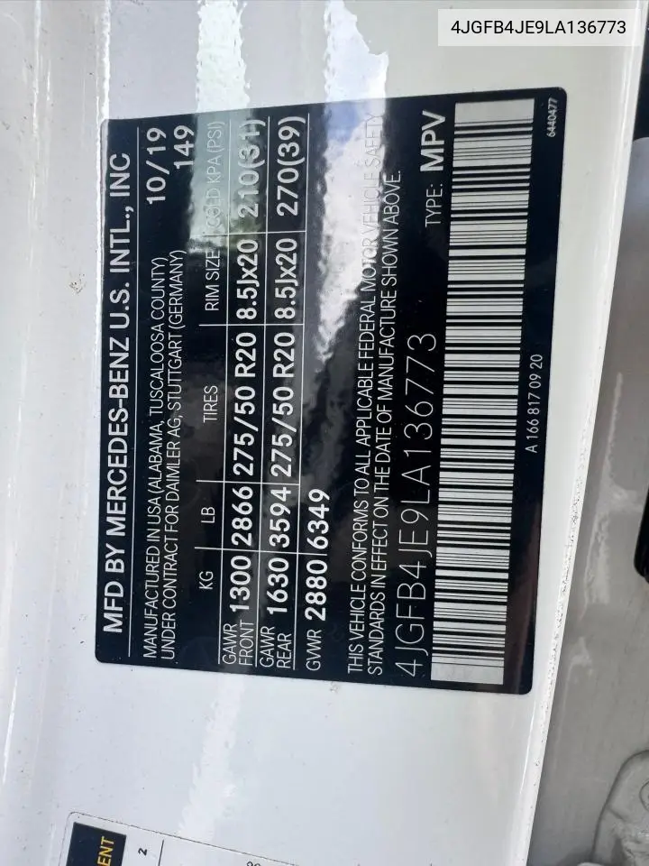 2020 Mercedes-Benz Gle 350 VIN: 4JGFB4JE9LA136773 Lot: 65295605