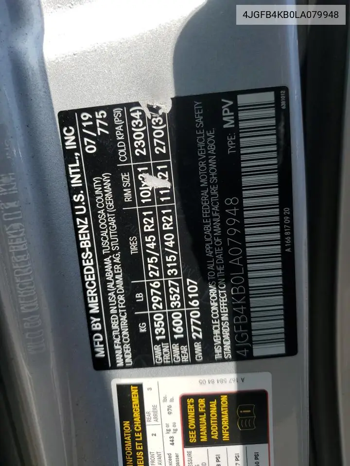 2020 Mercedes-Benz Gle 350 4Matic VIN: 4JGFB4KB0LA079948 Lot: 65437165