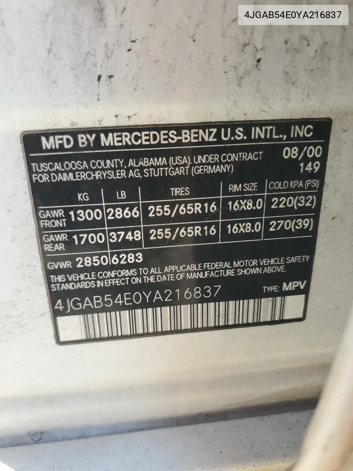 2000 Mercedes-Benz Ml 320 VIN: 4JGAB54E0YA216837 Lot: 64672065