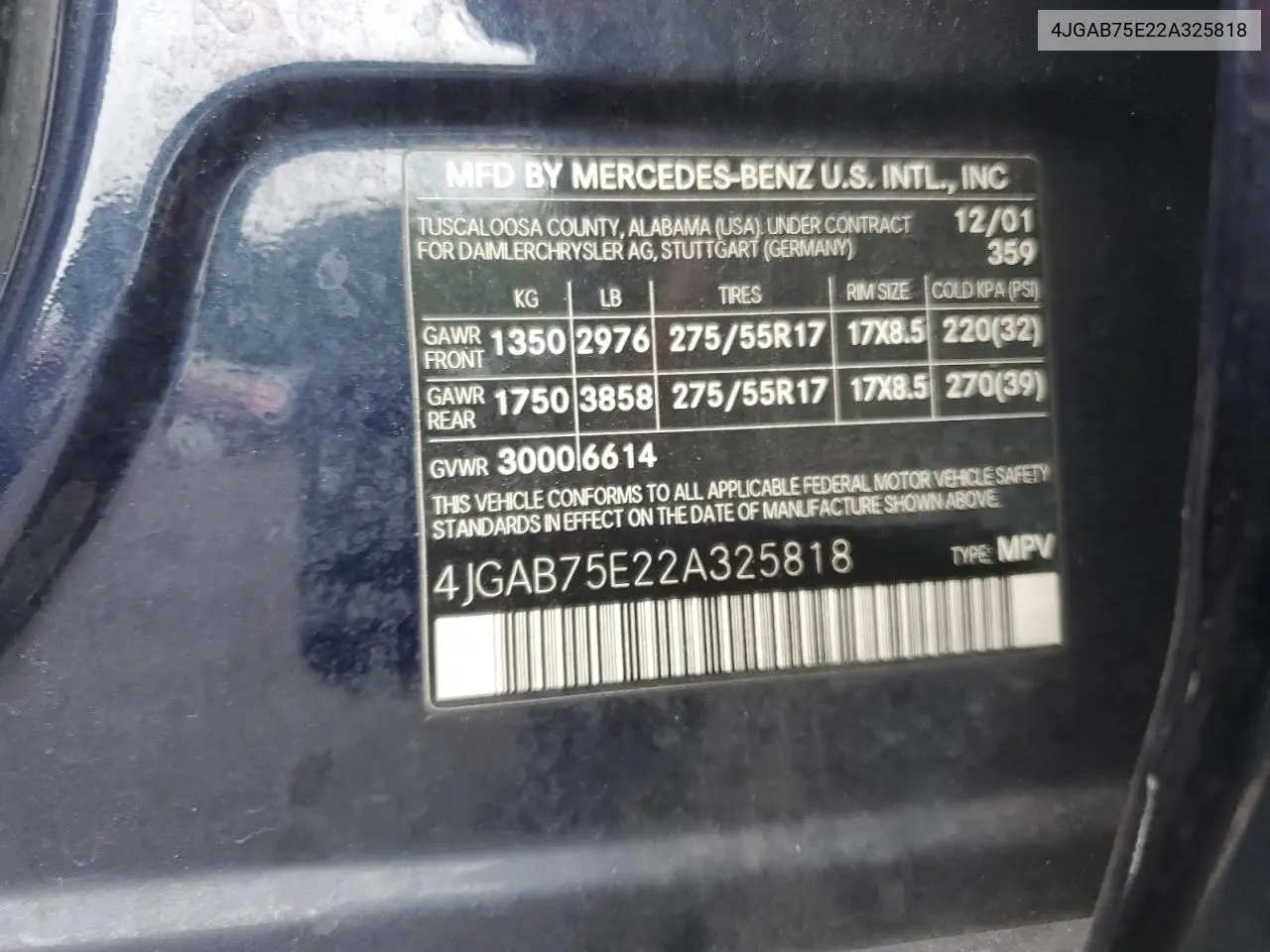 2002 Mercedes-Benz Ml 500 VIN: 4JGAB75E22A325818 Lot: 61017445