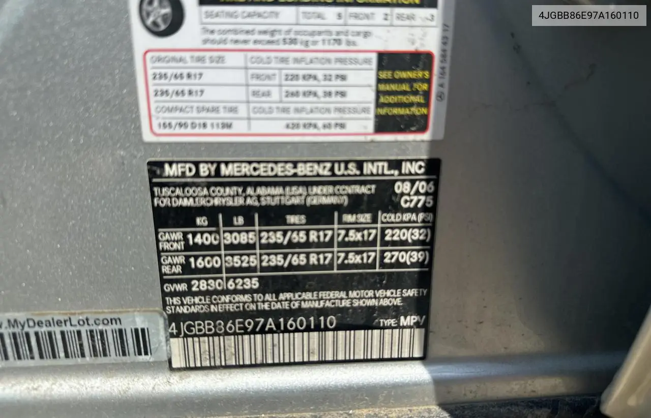 2007 Mercedes-Benz Ml 350 VIN: 4JGBB86E97A160110 Lot: 62529495