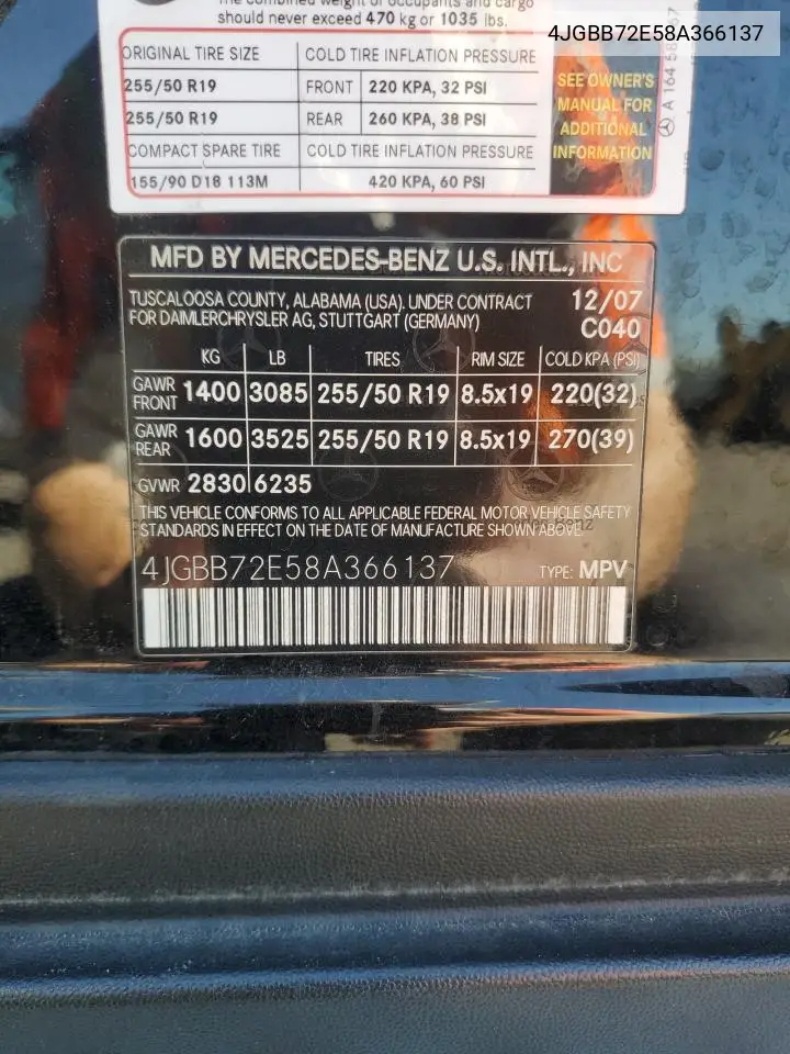 2008 Mercedes-Benz Ml 550 VIN: 4JGBB72E58A366137 Lot: 56139065