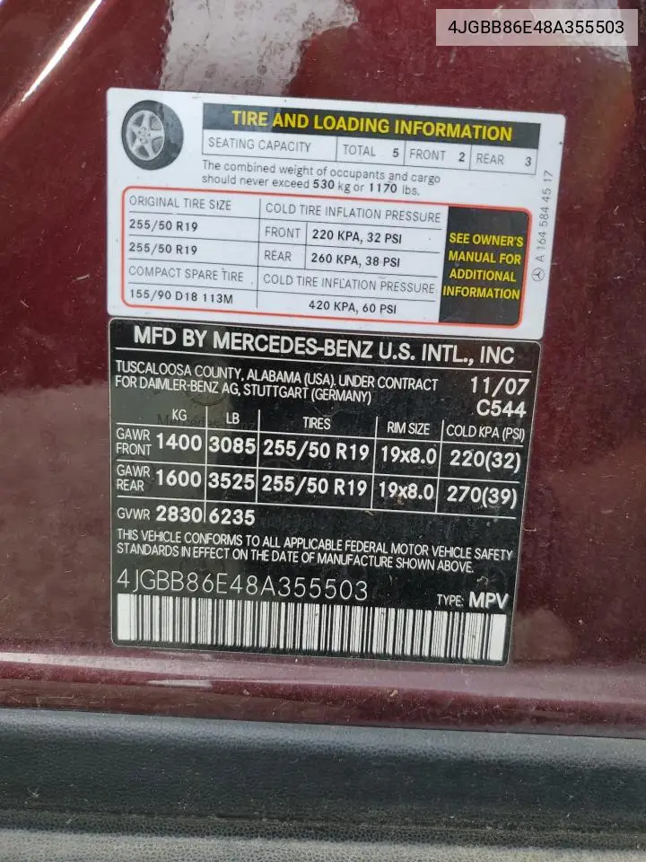 2008 Mercedes-Benz Ml 350 VIN: 4JGBB86E48A355503 Lot: 62141575