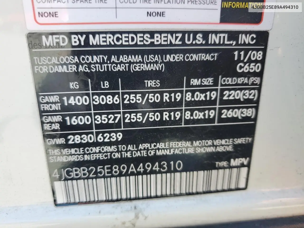 2009 Mercedes-Benz Ml VIN: 4JGBB25E89A494310 Lot: 62751545