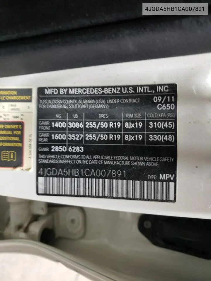 2012 Mercedes-Benz Ml 350 4Matic VIN: 4JGDA5HB1CA007891 Lot: 55993025