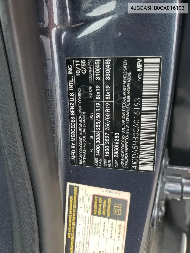 2012 Mercedes-Benz Ml 350 4Matic VIN: 4JGDA5HB0CA016193 Lot: 61648455
