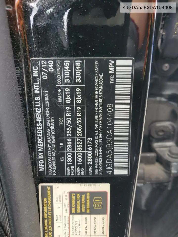 2013 Mercedes-Benz Ml 350 VIN: 4JGDA5JB3DA104408 Lot: 59235335