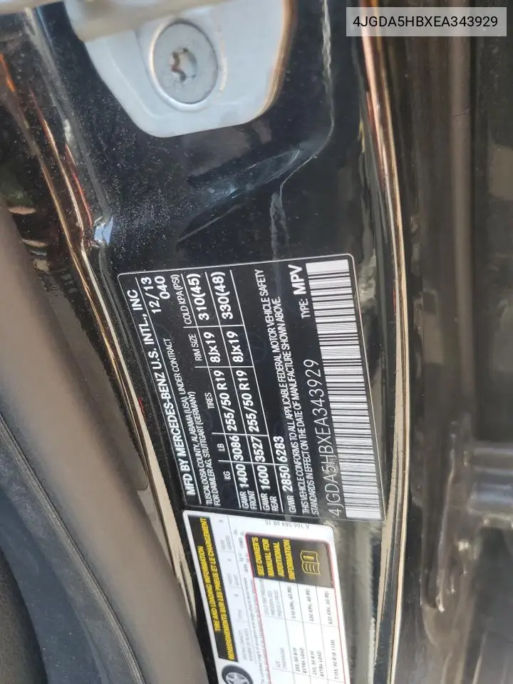 2014 Mercedes-Benz Ml 350 4Matic VIN: 4JGDA5HBXEA343929 Lot: 62454105