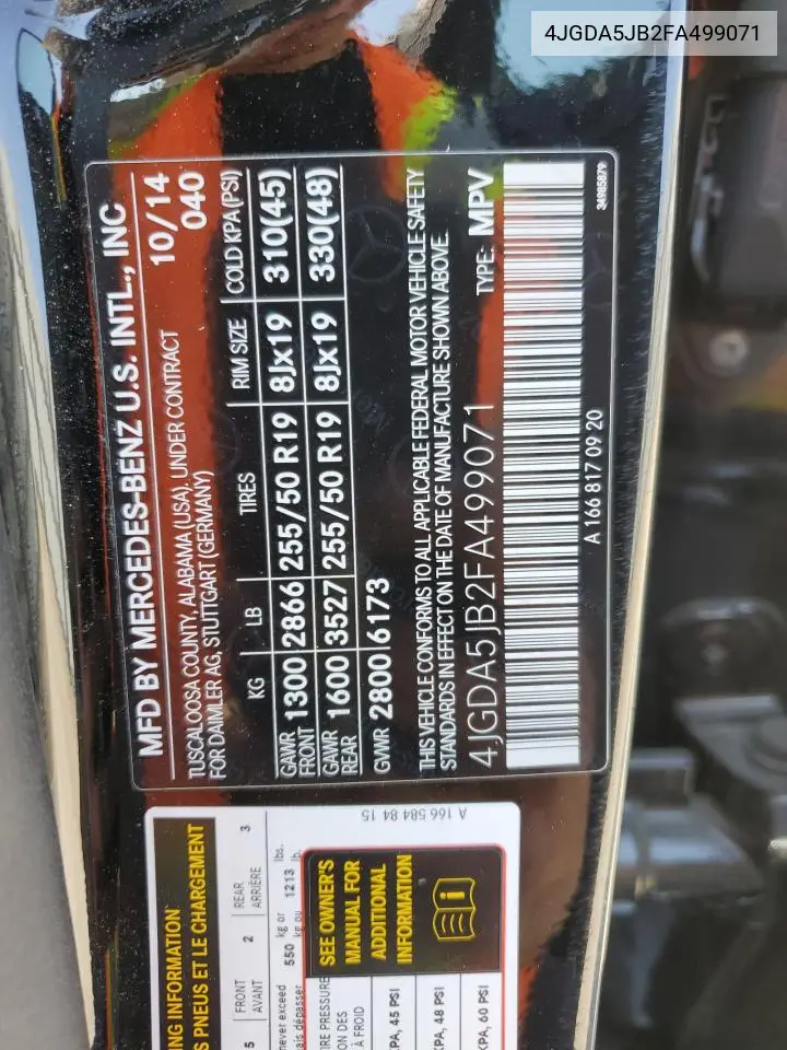 2015 Mercedes-Benz Ml 350 VIN: 4JGDA5JB2FA499071 Lot: 62532565