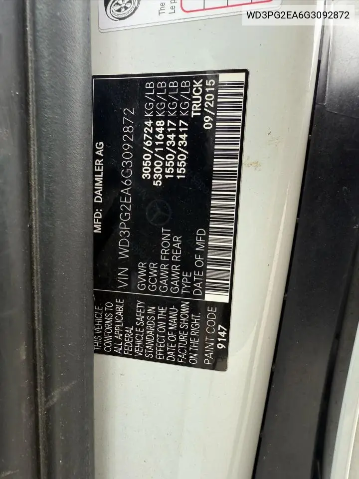 2016 Mercedes-Benz Metris VIN: WD3PG2EA6G3092872 Lot: 61676275