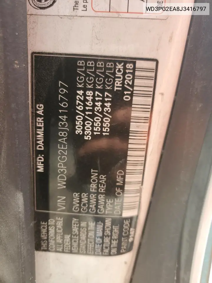 2018 Mercedes-Benz Metris VIN: WD3PG2EA8J3416797 Lot: 56125445