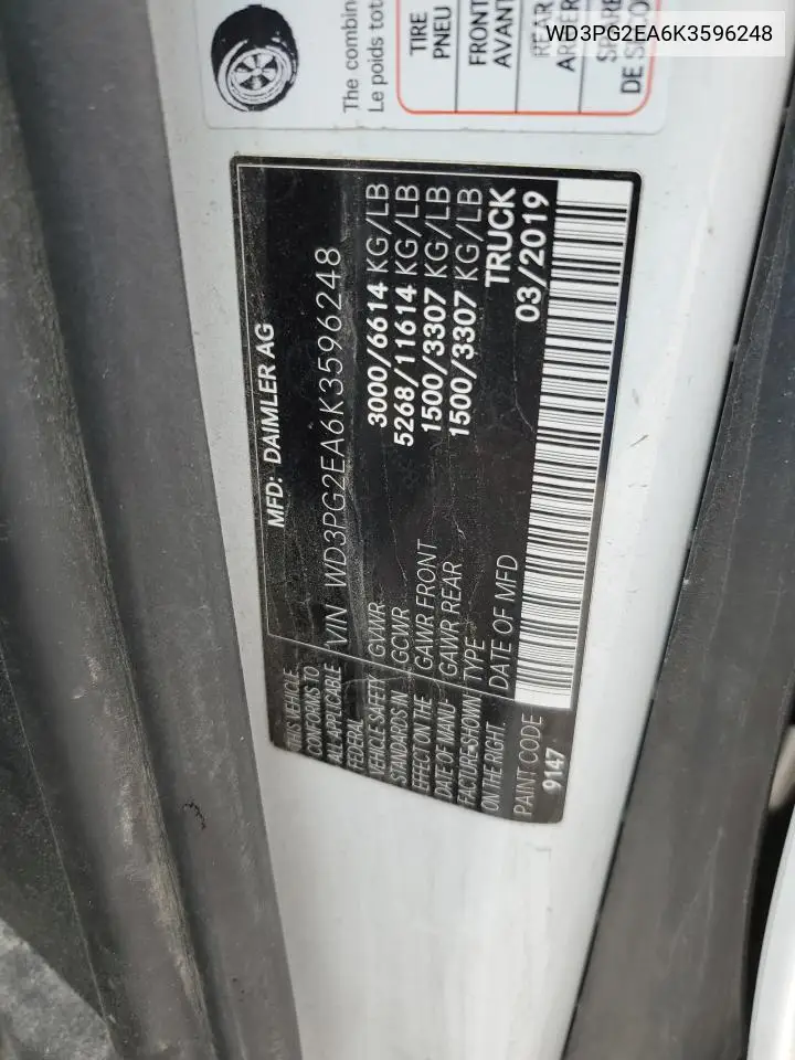 2019 Mercedes-Benz Metris VIN: WD3PG2EA6K3596248 Lot: 61276835