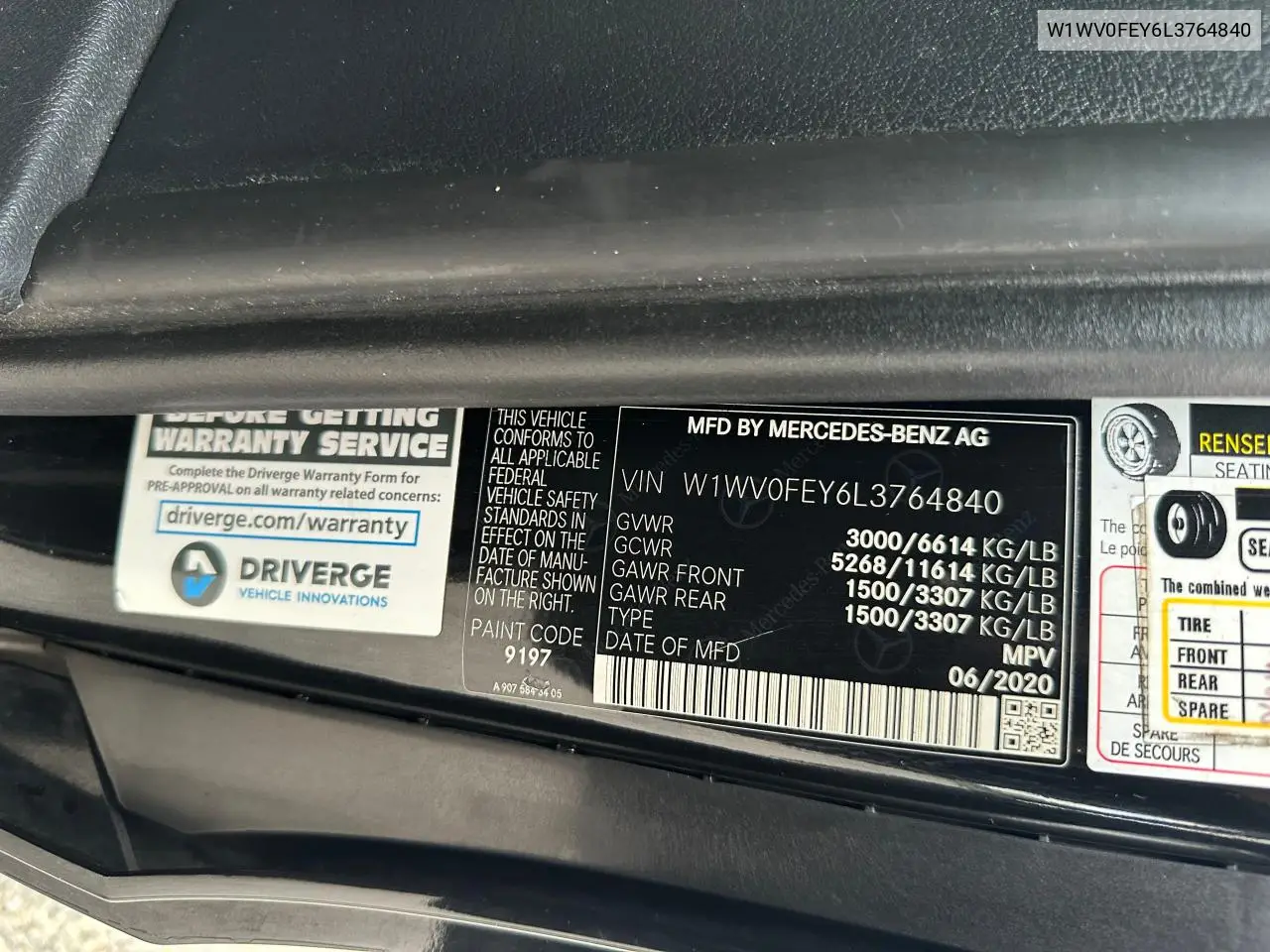 2020 Mercedes-Benz Metris VIN: W1WV0FEY6L3764840 Lot: 63530795