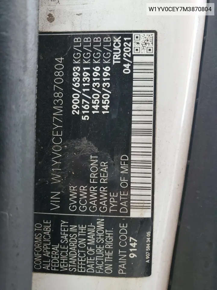 2021 Mercedes-Benz Metris VIN: W1YV0CEY7M3870804 Lot: 62220035