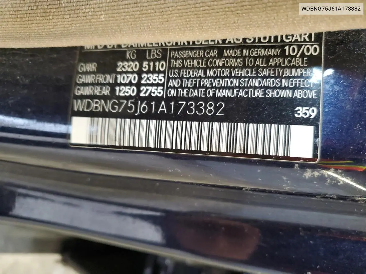 2001 Mercedes-Benz S 500 VIN: WDBNG75J61A173382 Lot: 56143675