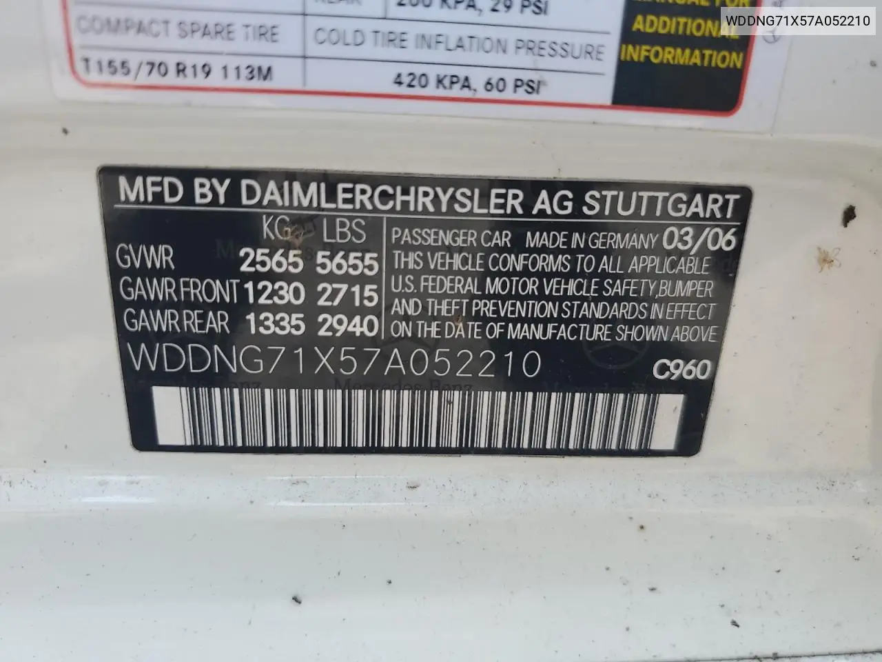 2007 Mercedes-Benz S 550 VIN: WDDNG71X57A052210 Lot: 61724425