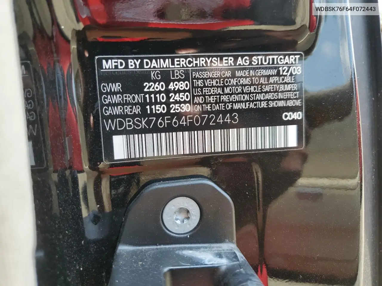 2004 Mercedes-Benz Sl 600 VIN: WDBSK76F64F072443 Lot: 56370125