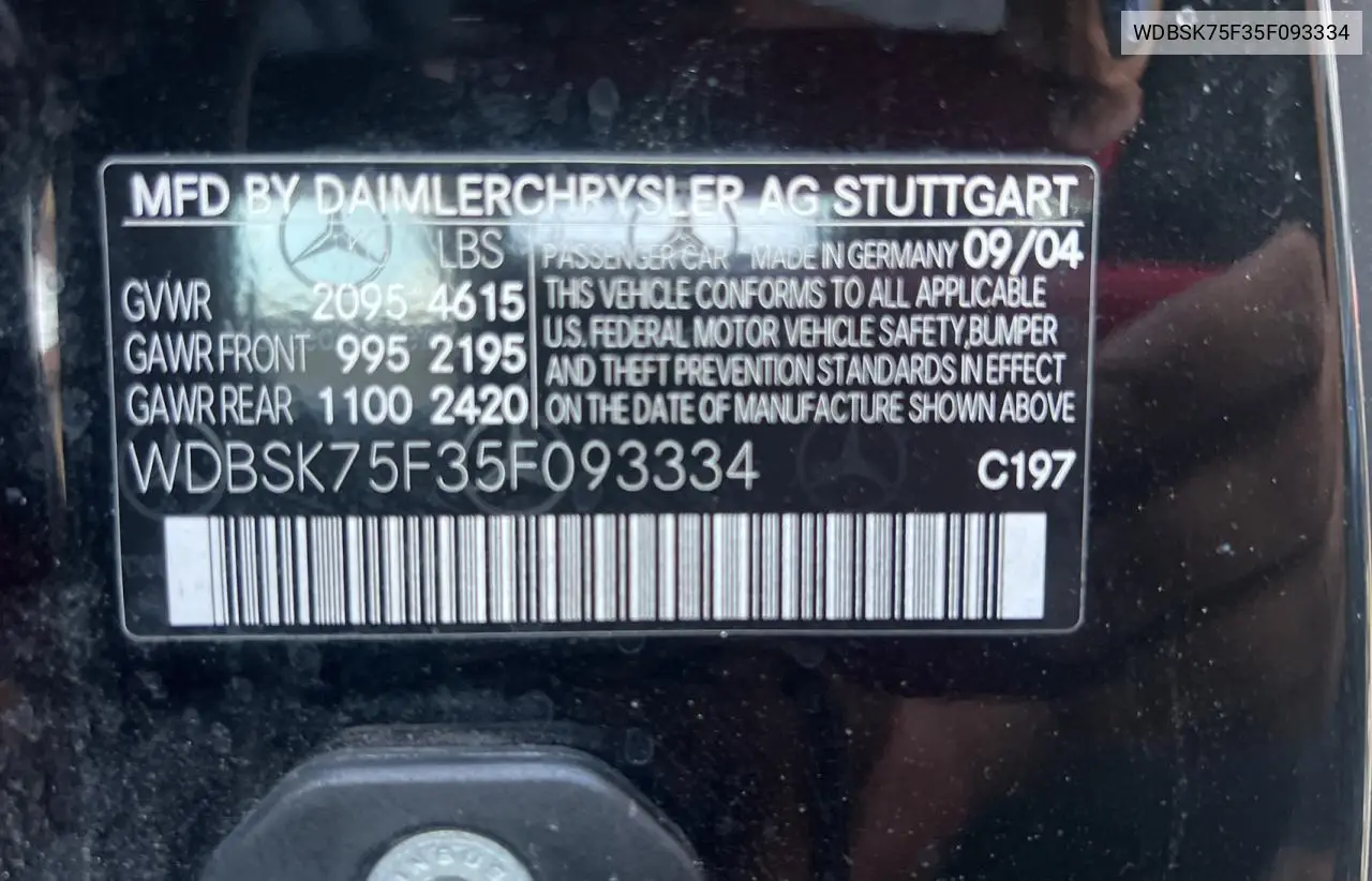 2005 Mercedes-Benz Sl 500 VIN: WDBSK75F35F093334 Lot: 59240565