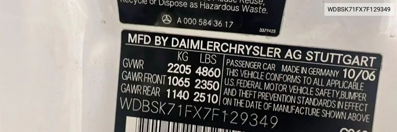 2007 Mercedes-Benz Sl 550 VIN: WDBSK71FX7F129349 Lot: 60161885