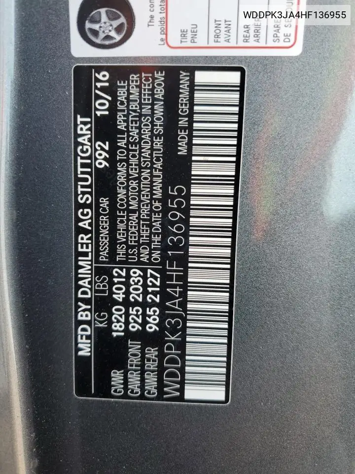 2017 Mercedes-Benz Slc 300 VIN: WDDPK3JA4HF136955 Lot: 59797905