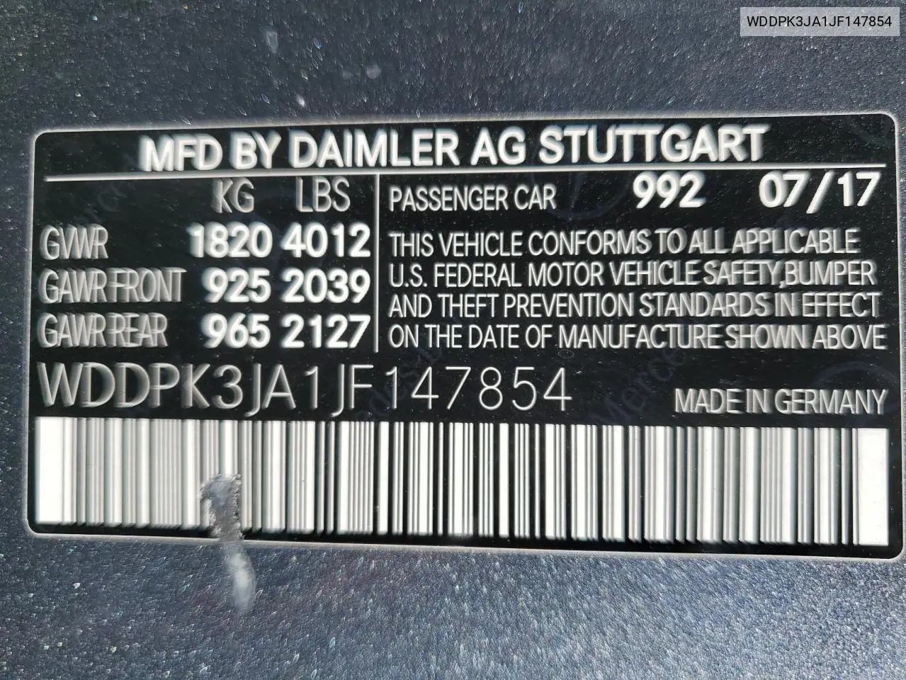 2018 Mercedes-Benz Slc 300 VIN: WDDPK3JA1JF147854 Lot: 57958495