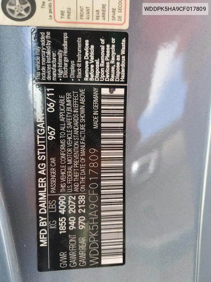 2012 Mercedes-Benz Slk 350 VIN: WDDPK5HA9CF017809 Lot: 56926895