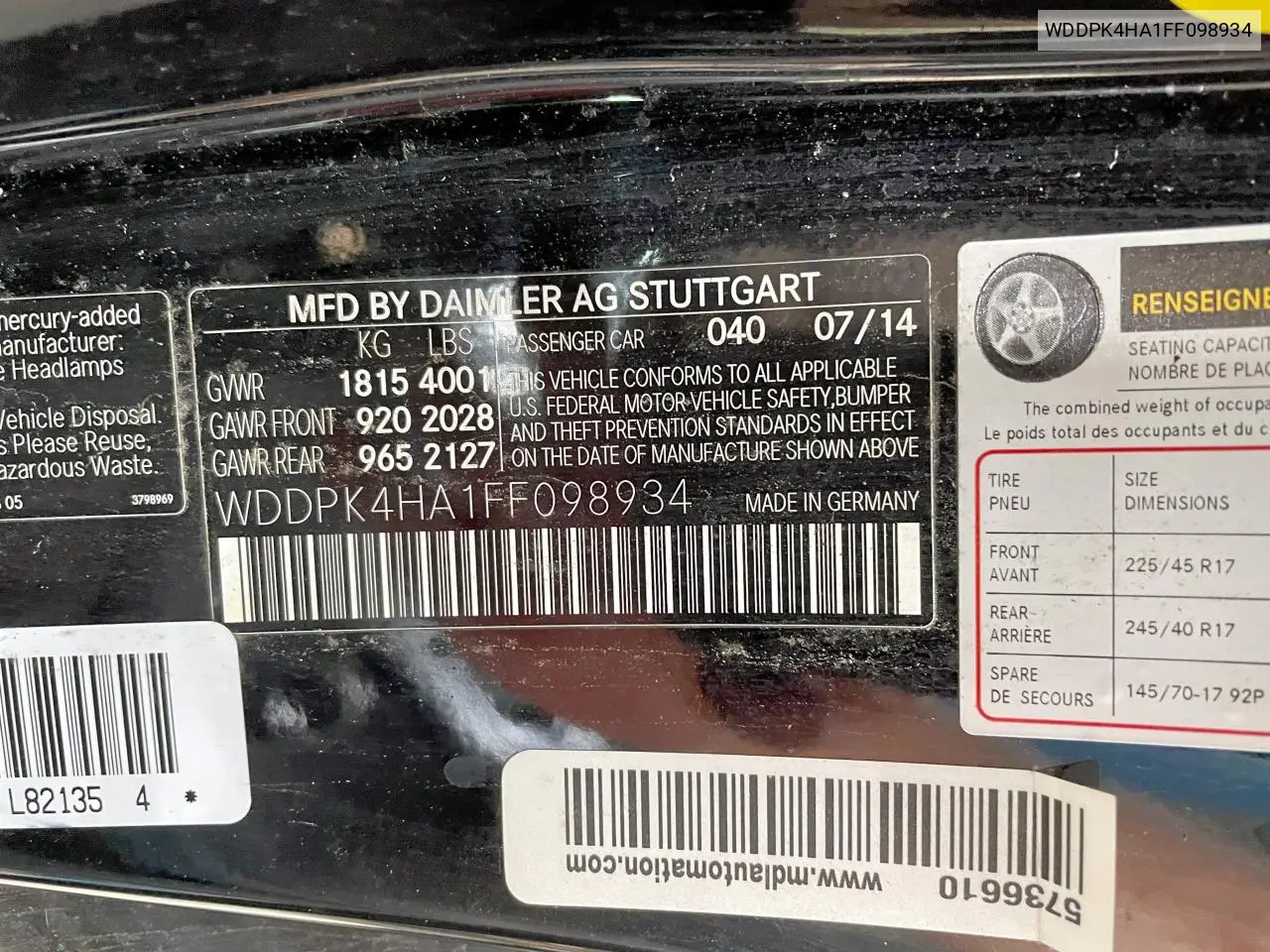 2015 Mercedes-Benz Slk 250 VIN: WDDPK4HA1FF098934 Lot: 55996085