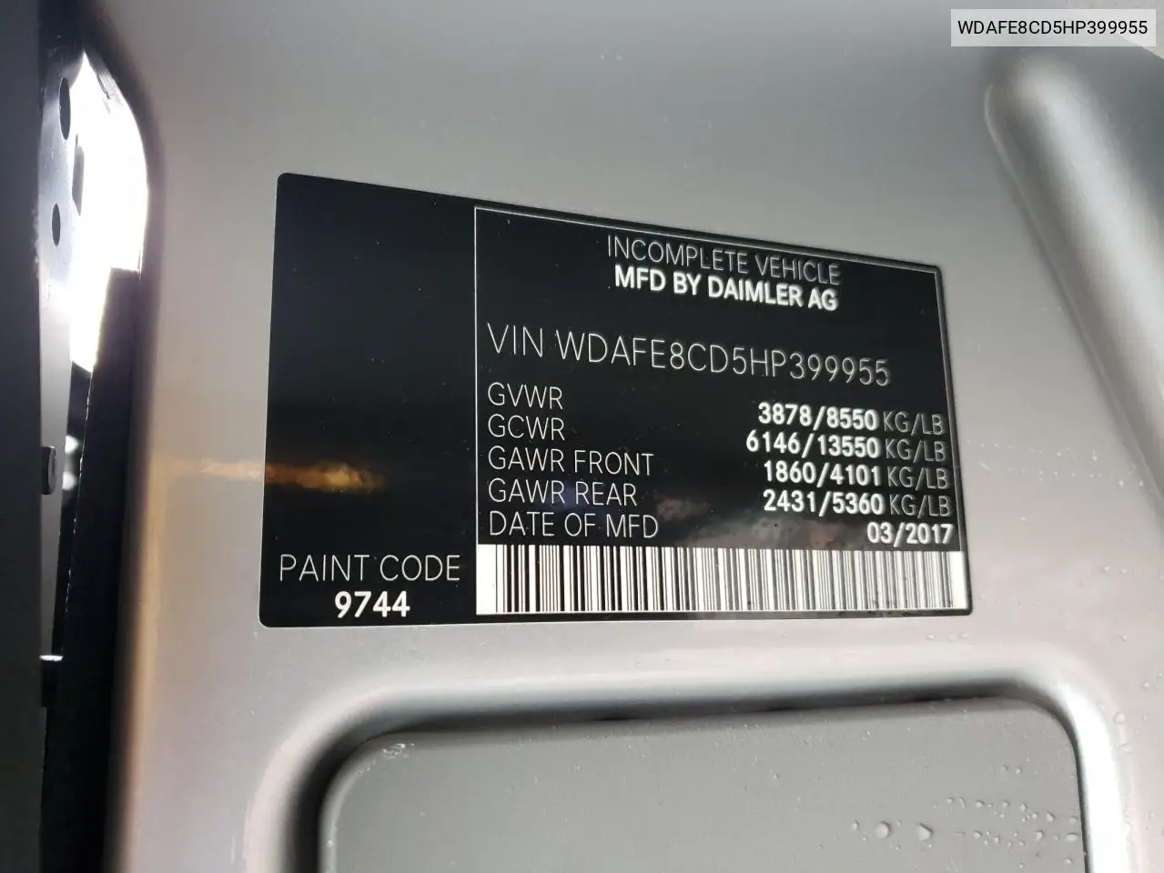 2017 Mercedes-Benz Sprinter 2500 VIN: WDAFE8CD5HP399955 Lot: 61397095