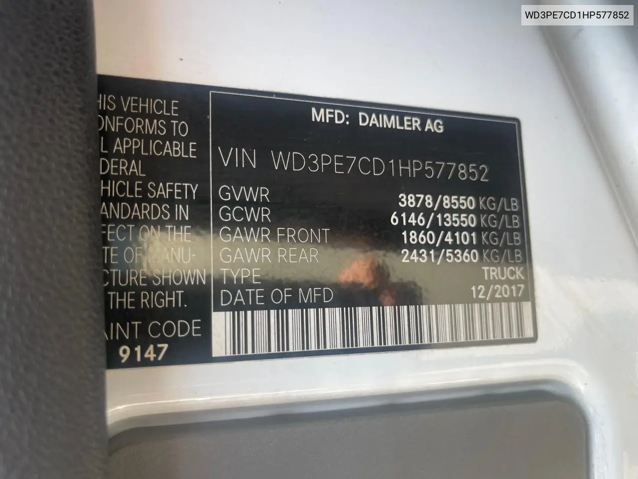 2017 Mercedes-Benz Sprinter 2500 VIN: WD3PE7CD1HP577852 Lot: 62957515