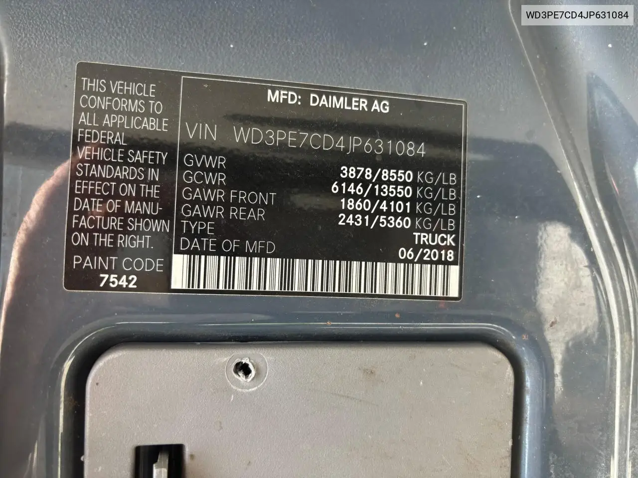 2018 Mercedes-Benz Sprinter 2500 VIN: WD3PE7CD4JP631084 Lot: 63246895