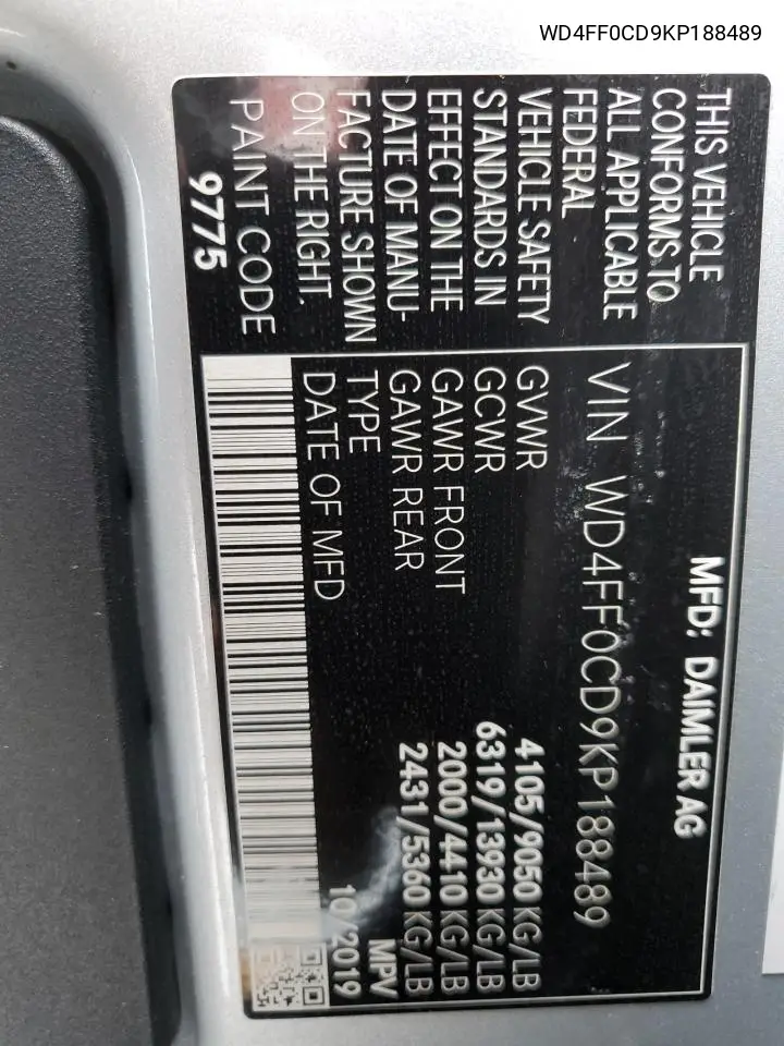 2019 Mercedes-Benz Sprinter 2500/3500 VIN: WD4FF0CD9KP188489 Lot: 53866345