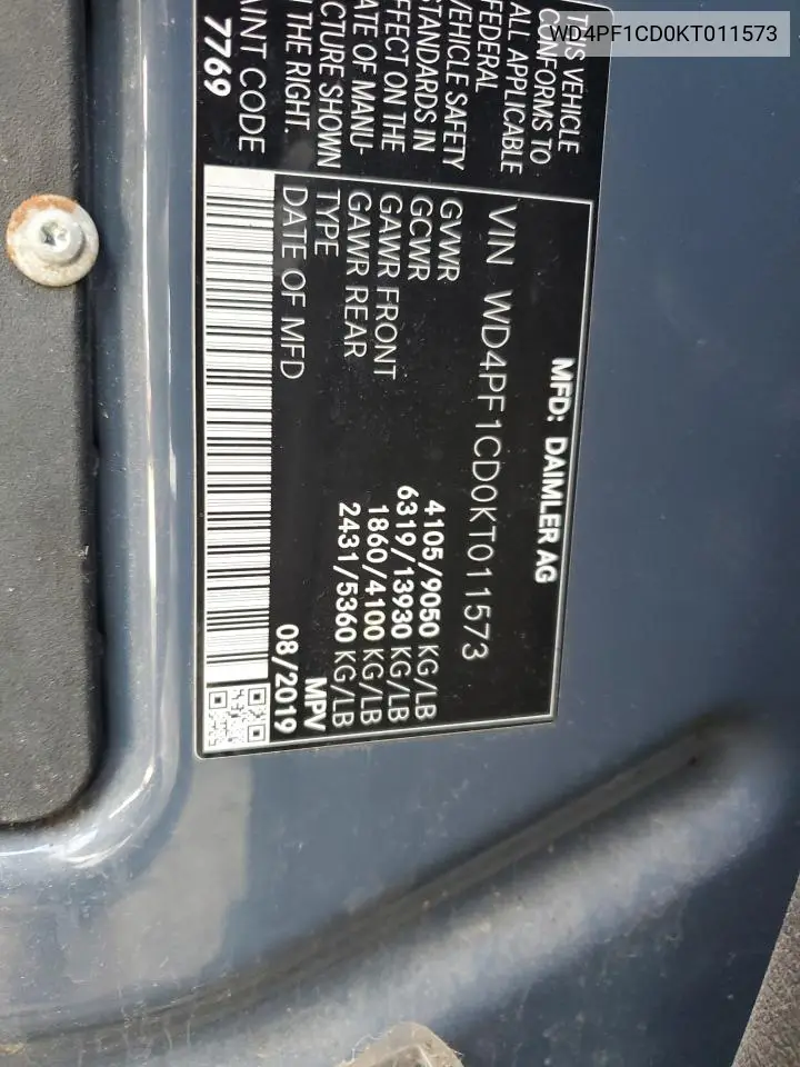 2019 Mercedes-Benz Sprinter 2500/3500 VIN: WD4PF1CD0KT011573 Lot: 55694385