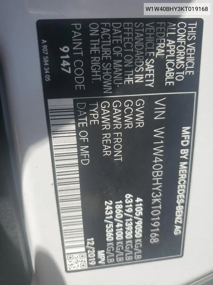 2019 Mercedes-Benz Sprinter 2500 VIN: W1W40BHY3KT019168 Lot: 62055965