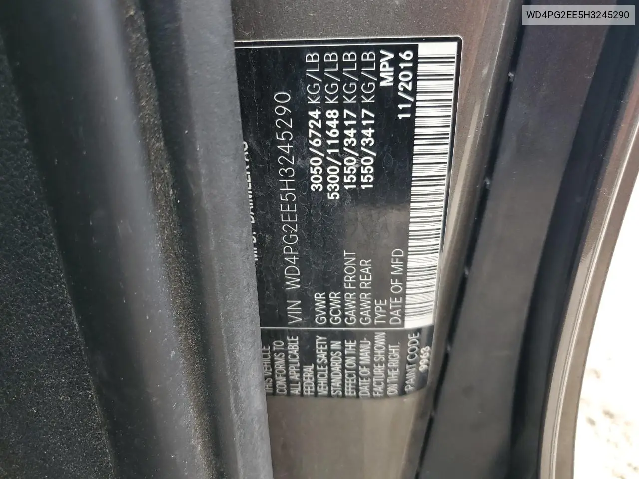 2017 Mercedes-Benz Metris VIN: WD4PG2EE5H3245290 Lot: 58351285
