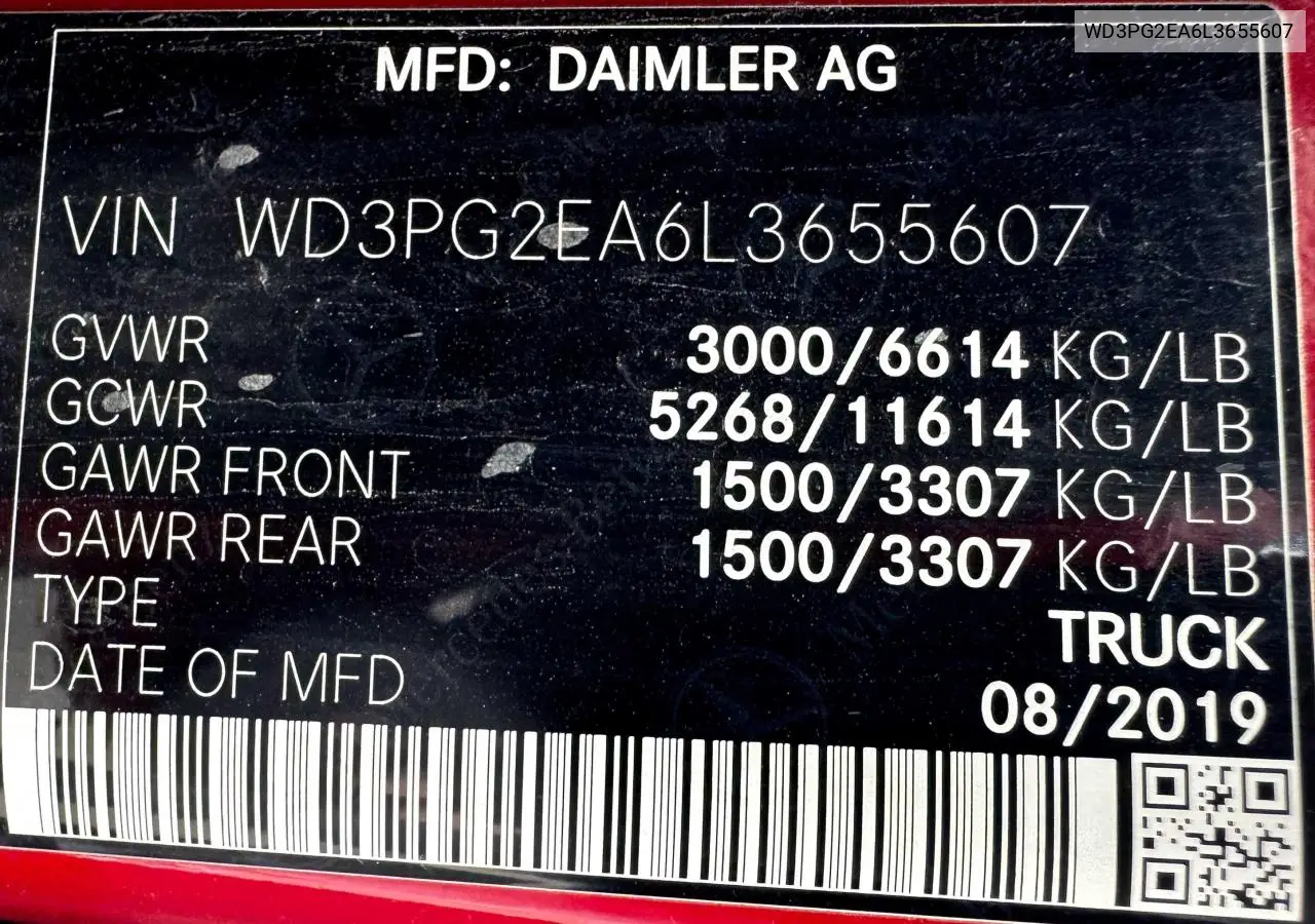 2020 Mercedes-Benz Metris VIN: WD3PG2EA6L3655607 Lot: 53923225
